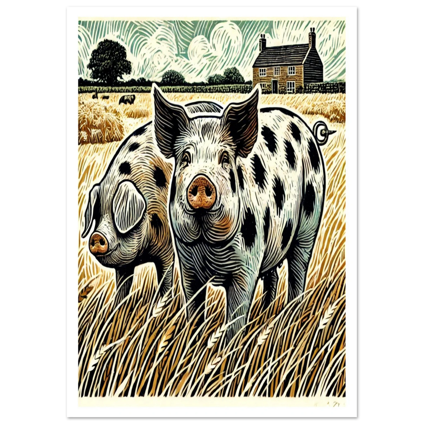 A linocut-style countryside art print of two Old Spot pigs in golden fields. A warm and rustic design evoking farm life.