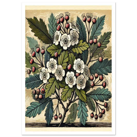 Known as the “May tree,” Hawthorn is celebrated in this richly textured linocut-style artwork. With creamy blossoms and bright red berries, it’s a perfect reflection of spring and summer hedgerows.