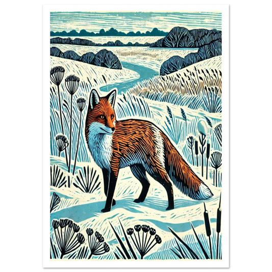 Linocut-inspired art print of a red fox in a snowy countryside landscape. Strong colour contrasts evoke winter beauty.