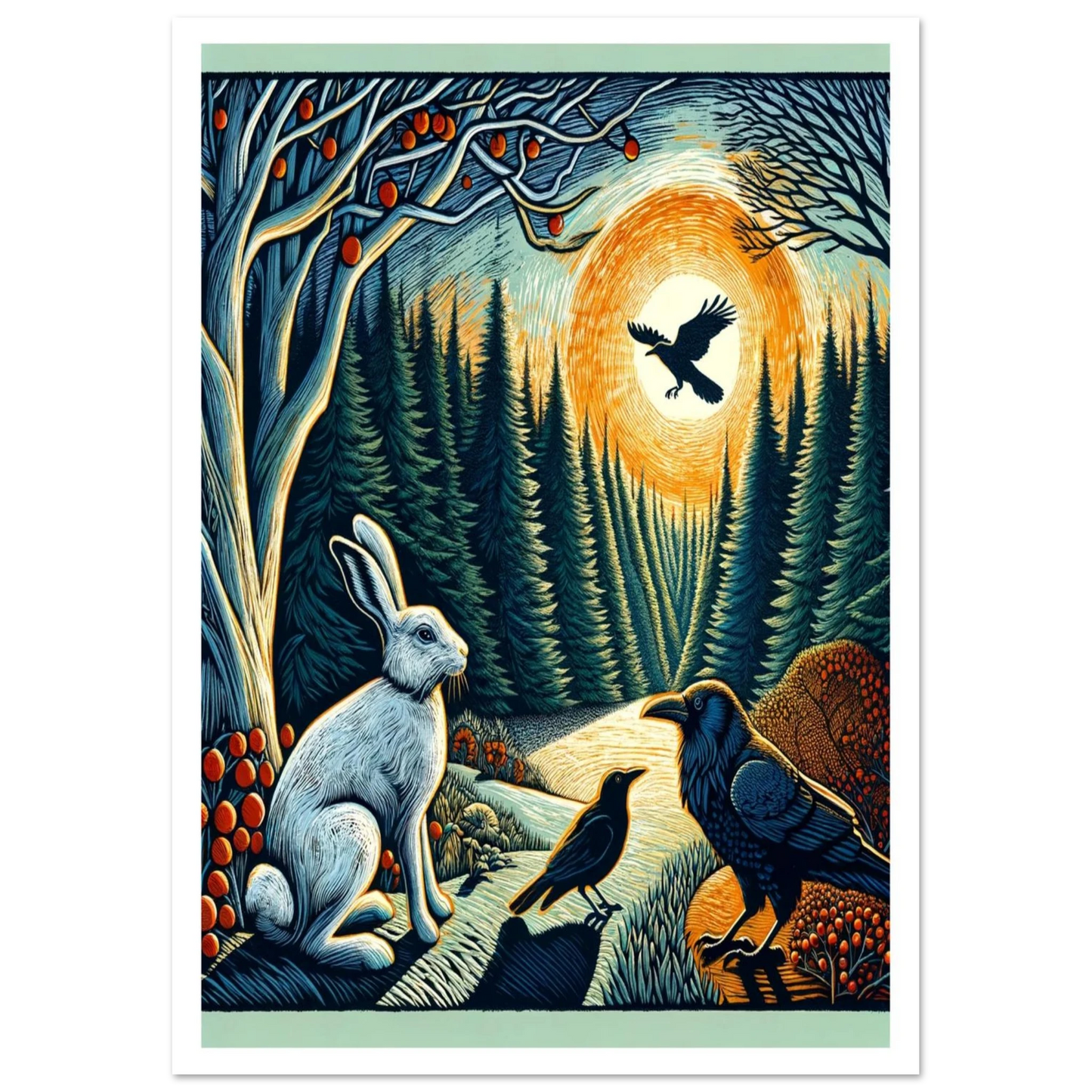 This bold composition brings together four iconic species , white hare, raven, jackdaw and eagle in a striking forest setting. 