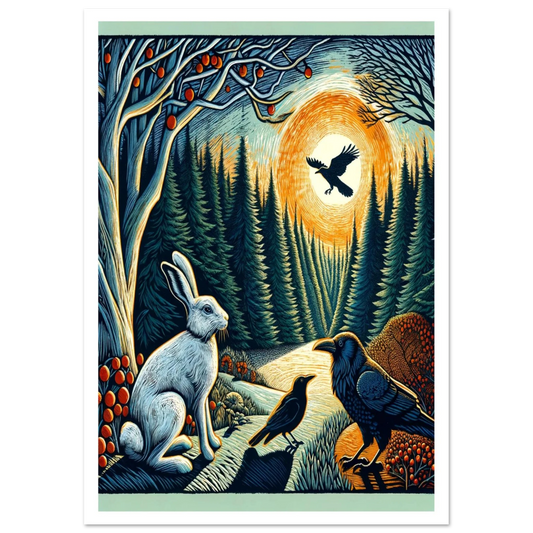 This bold composition brings together four iconic species , white hare, raven, jackdaw and eagle in a striking forest setting. 