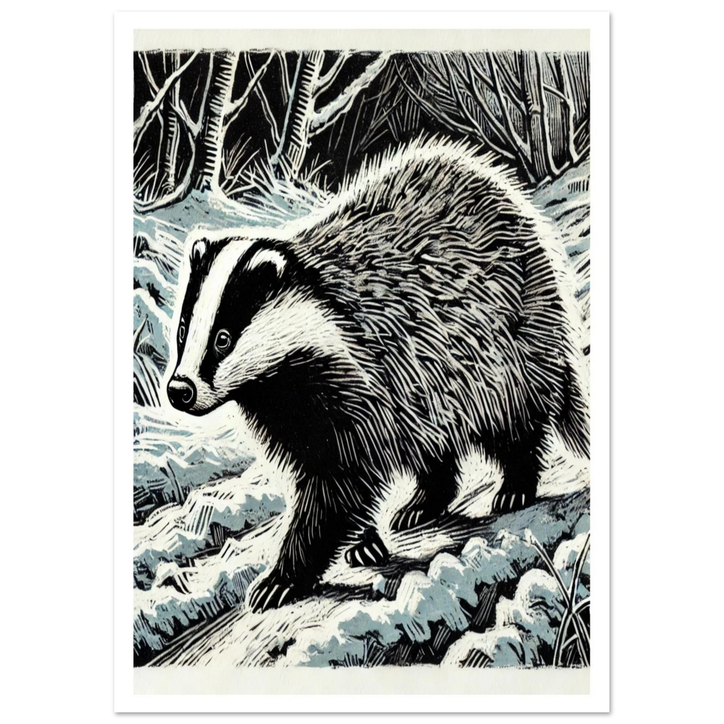 A linocut-inspired art print of a badger walking through a frosty woodland. 